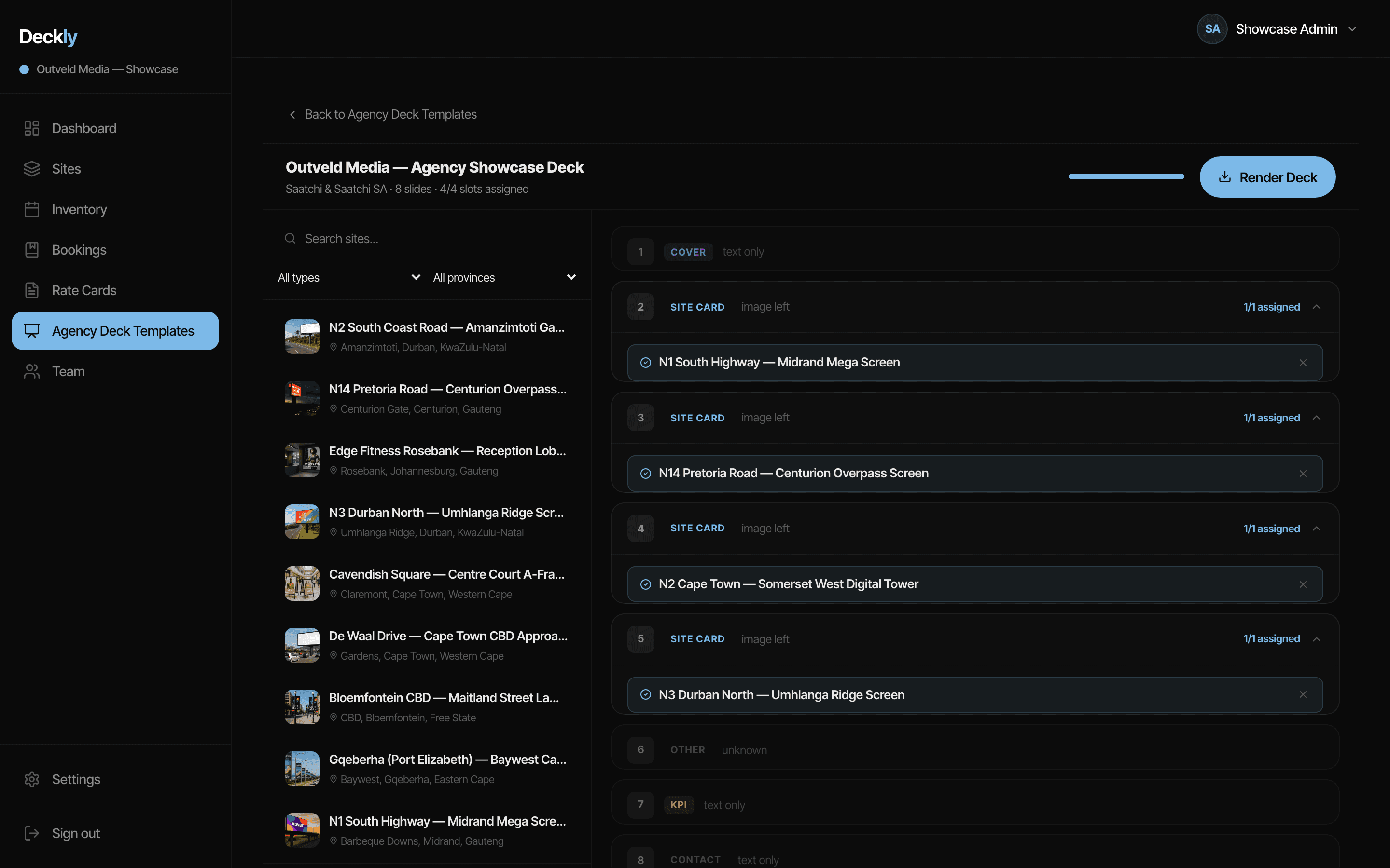 Deckly agency deck editor showing slide slots with 4 sites assigned